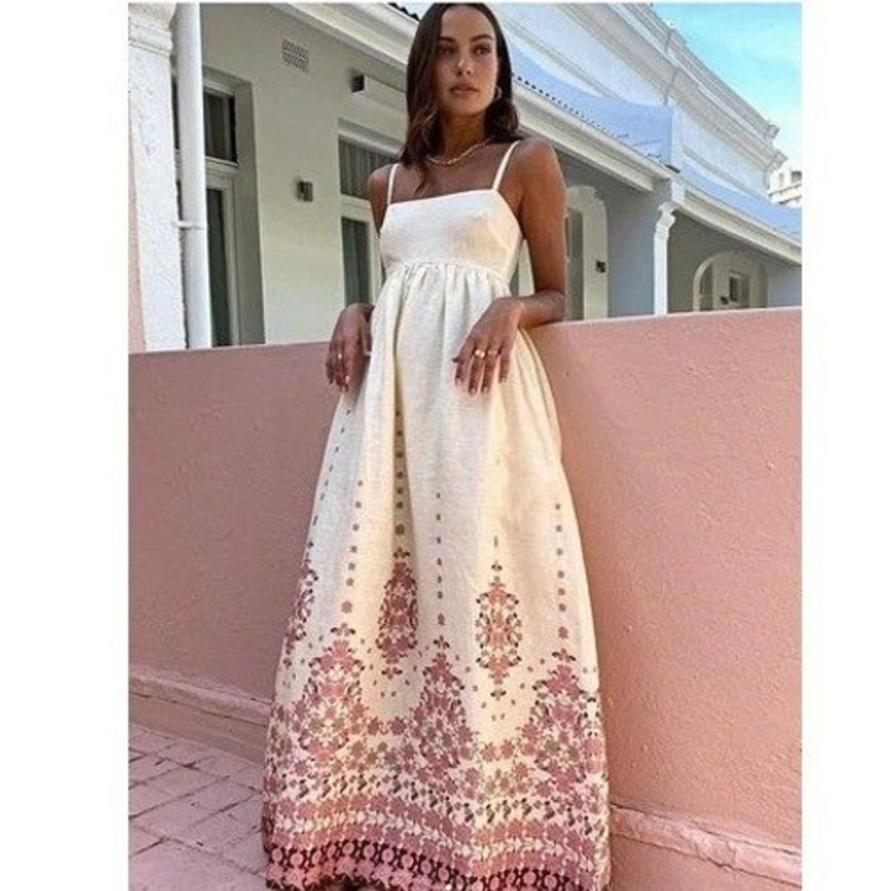 Tree of Life Cream Pink Floral Damask Border Print Linen Maxi Dress Empire Waist